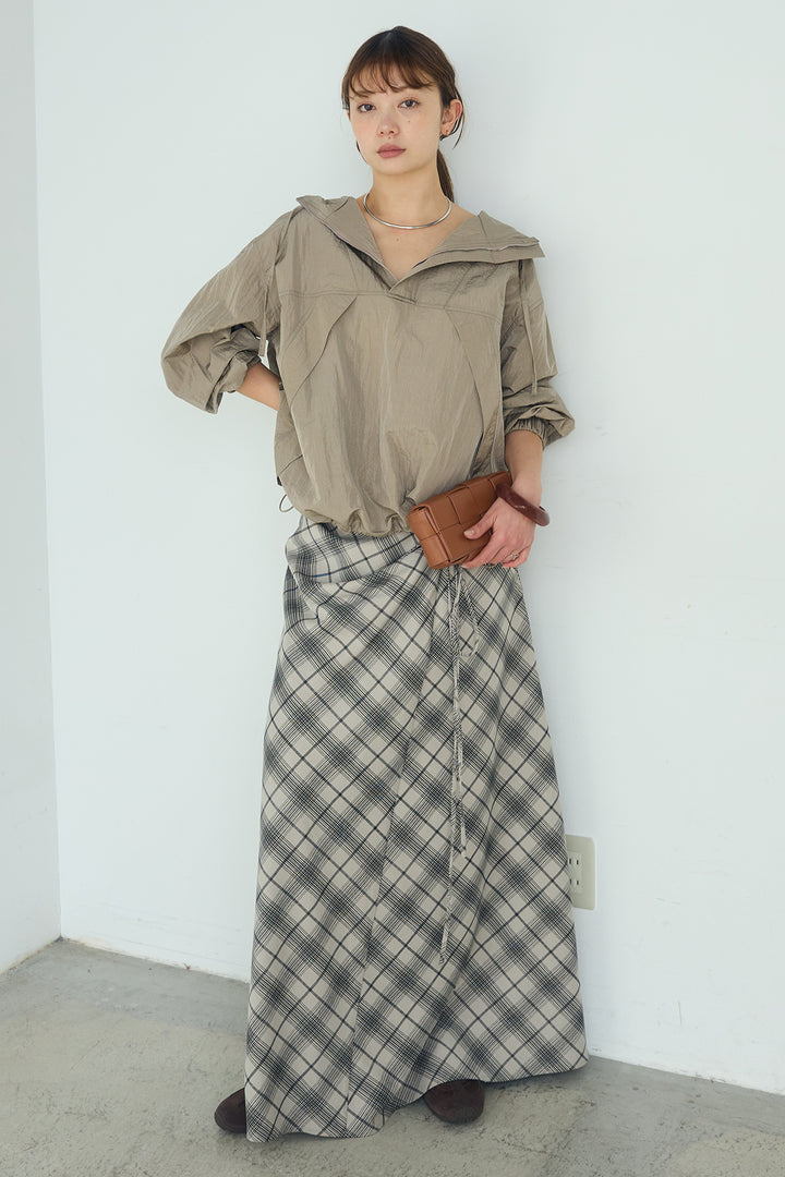 [SET]ナイロンフーディーブルゾンアウター+タータンチェック柄フロントデザインスカート(2set)