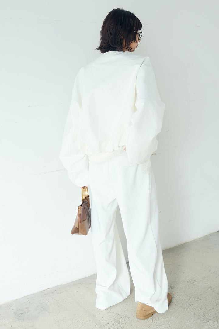 [SET]ノーカラーフロントギャザージップアウター+斜めボタンタック入りスラックス+ブロード切り替えぺプラムタンク(3set)