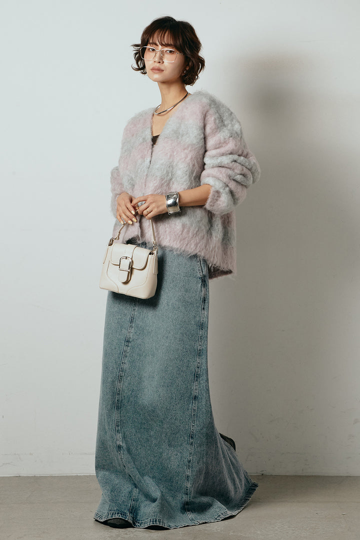 [SET]シャギーボーダー柄ニットカーディガン+デニムロングフレアスカート(2set)