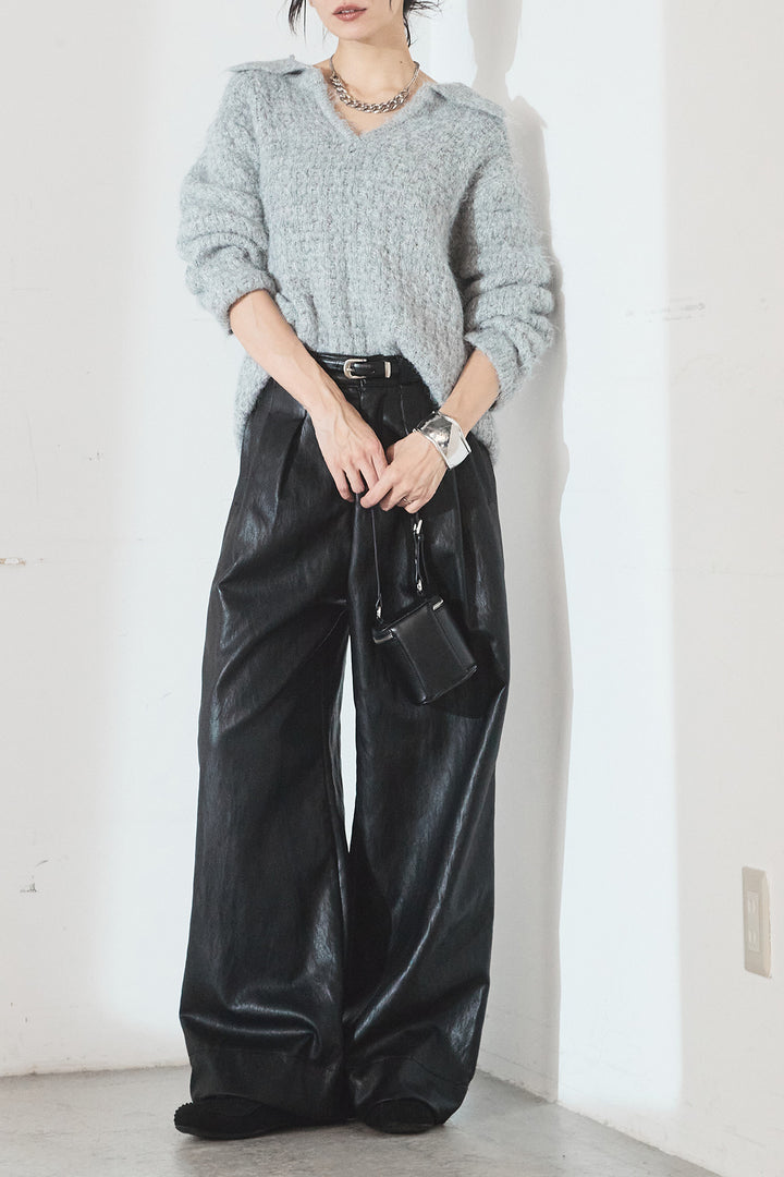 [SET]襟付きVネックニットトップス+ベルト付きレザーライクタックパンツ(2set)