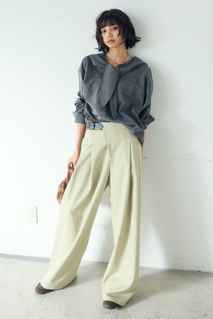 [SET]無地タイ付フーディーBIGシャツ+サイドベルトタック入りスラックス(2set)