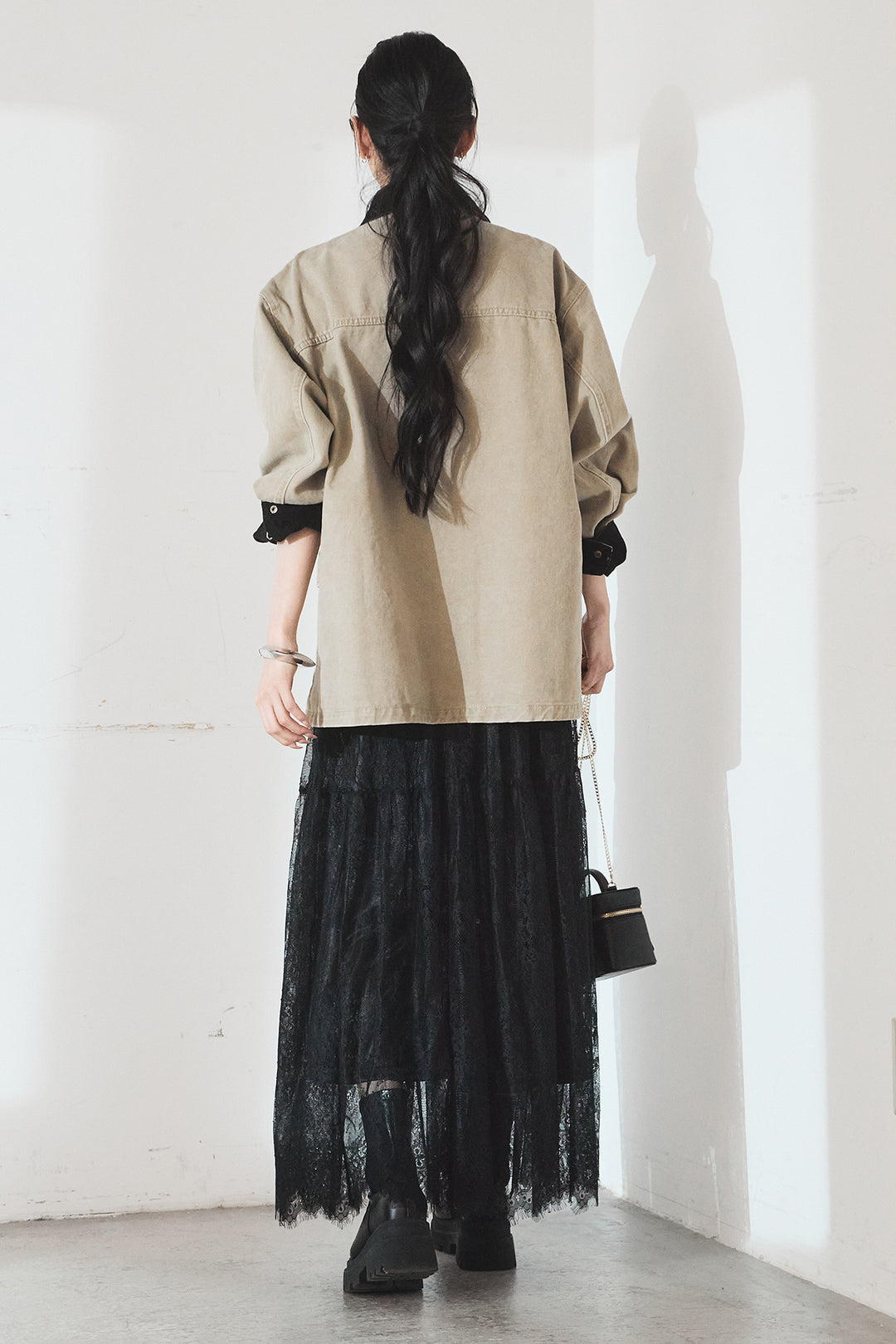 [SET]襟コーデュロイデザインデニム調カバーオール+ひげレース切替ロング丈スカート(2set)