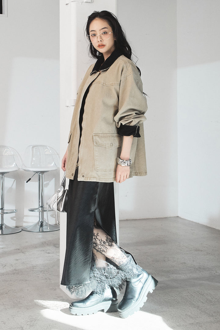 [SET]襟コーデュロイデザインデニム調カバーオール+裾レースデザインサテンスカート(2set)