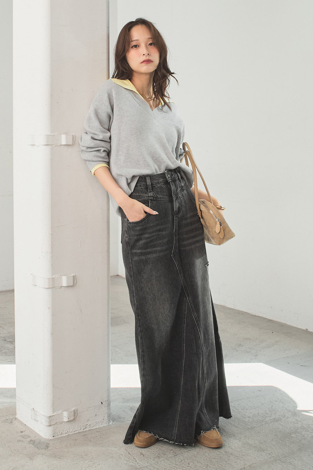 [SET]バイカラーニットレイヤード風プルオーバー+Aラインデニムスカート(2set)