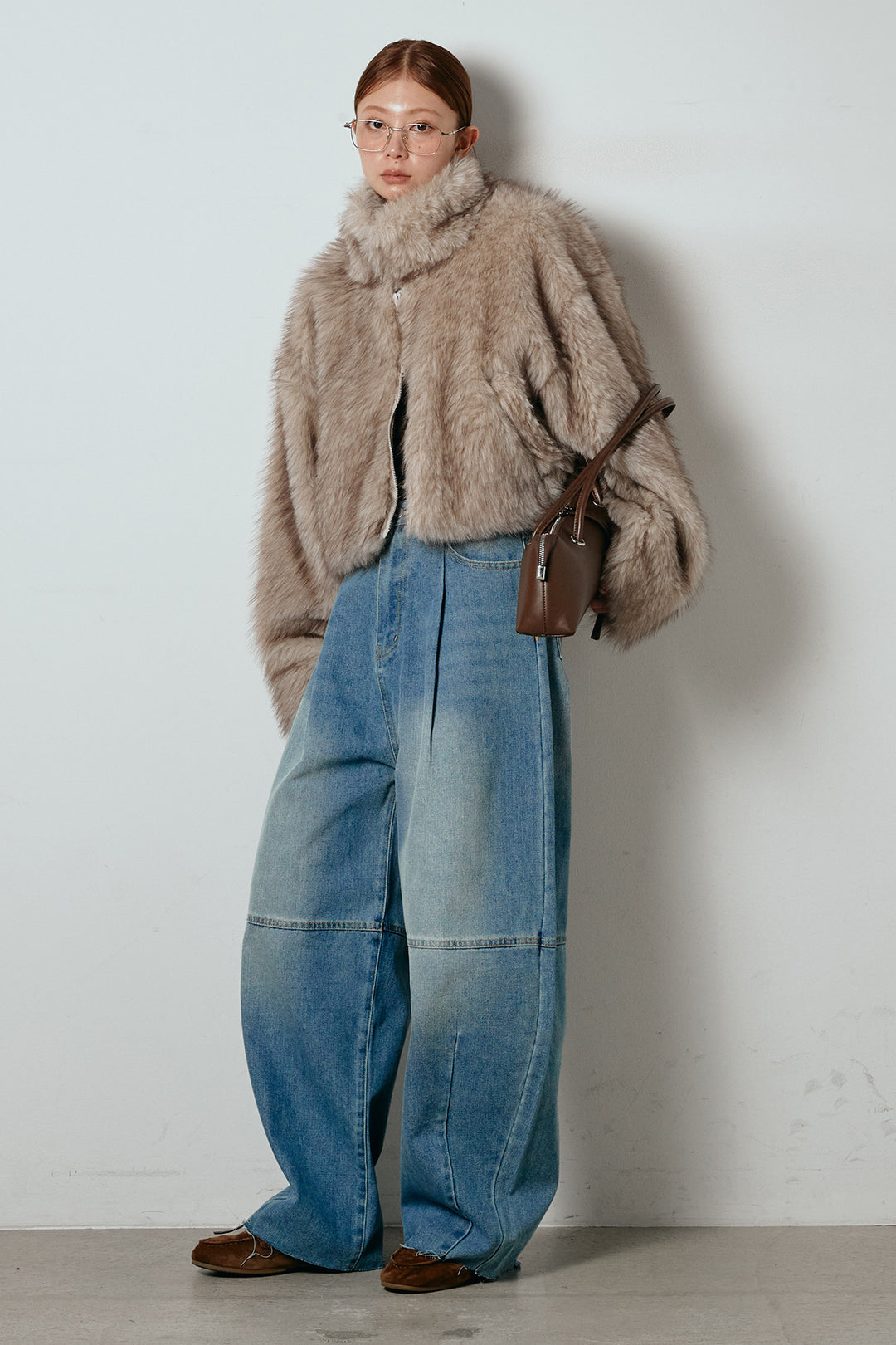 [SET]エコファーショート丈ブルゾン+加工デニムタックコクーンワイドパンツ(2set)