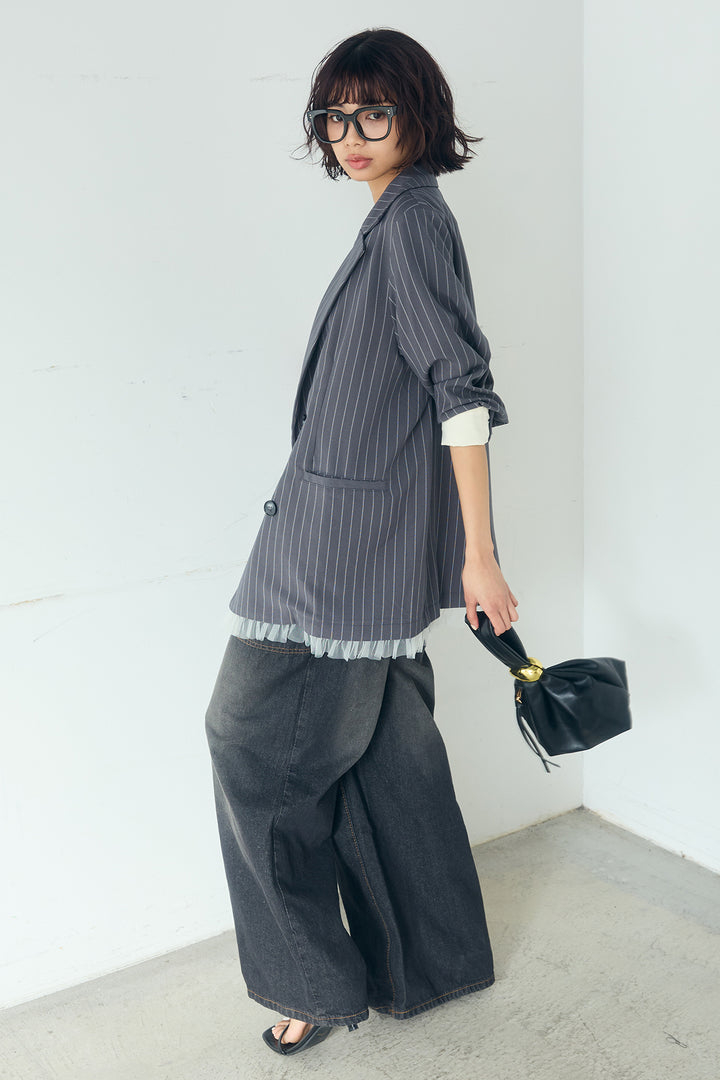 [SET]裾フリルダブルジャケット+デニムサロペットワイドパンツ(2set)