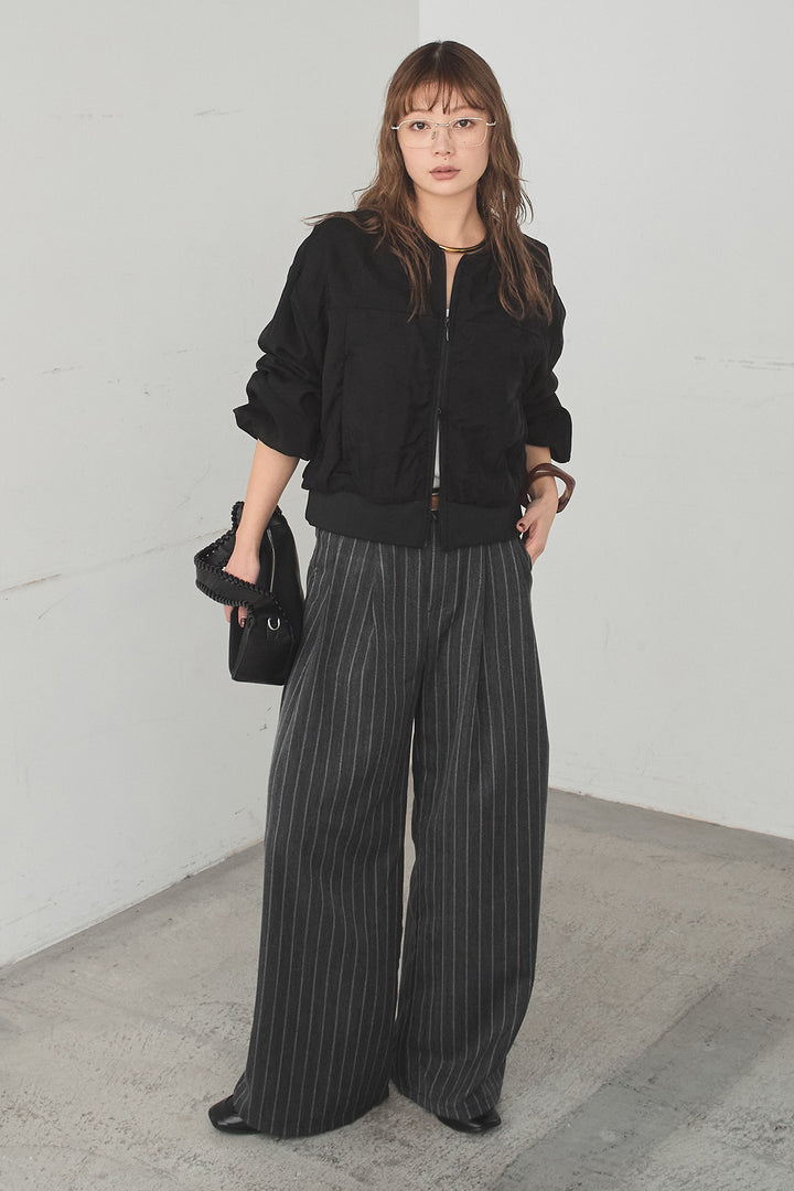 [SET]シアー×ポンチブルゾン+細ベルト付きピンストライプワイドパンツ(2set)