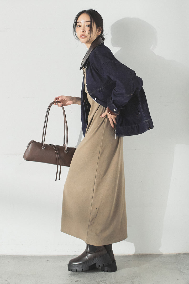 [SET]加工デニムレザー襟付きデニムブルゾン+カットリブレイヤードヘンリーネックワンピース(2set)