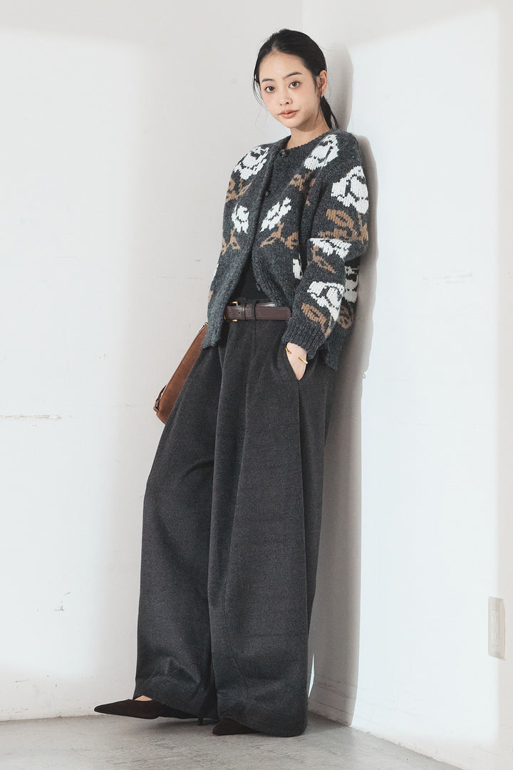[SET]花柄ジャガードニットカーディガン+ウールタッチカーブワイドパンツ(2set)