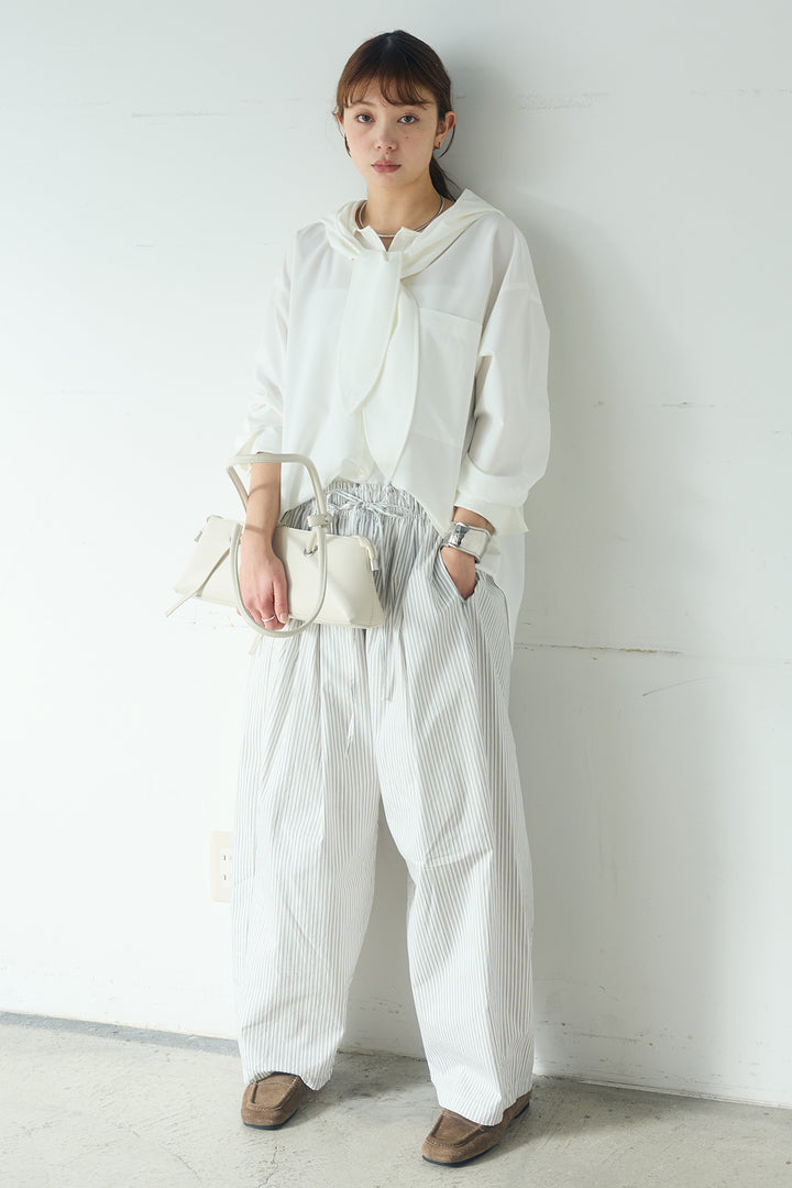 [SET]無地タイ付フーディーBIGシャツ+ランダムストライプタックギャザーパンツ(2set)
