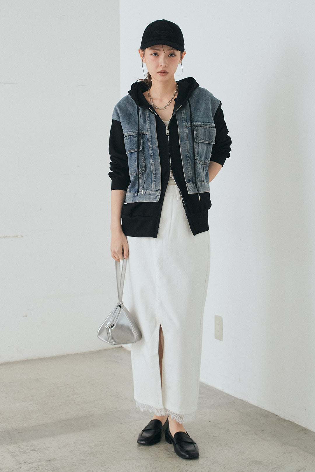 [SET]デニム切替ポンチダブルジップパーカー+裾レースデザインデニムスカート(2set)