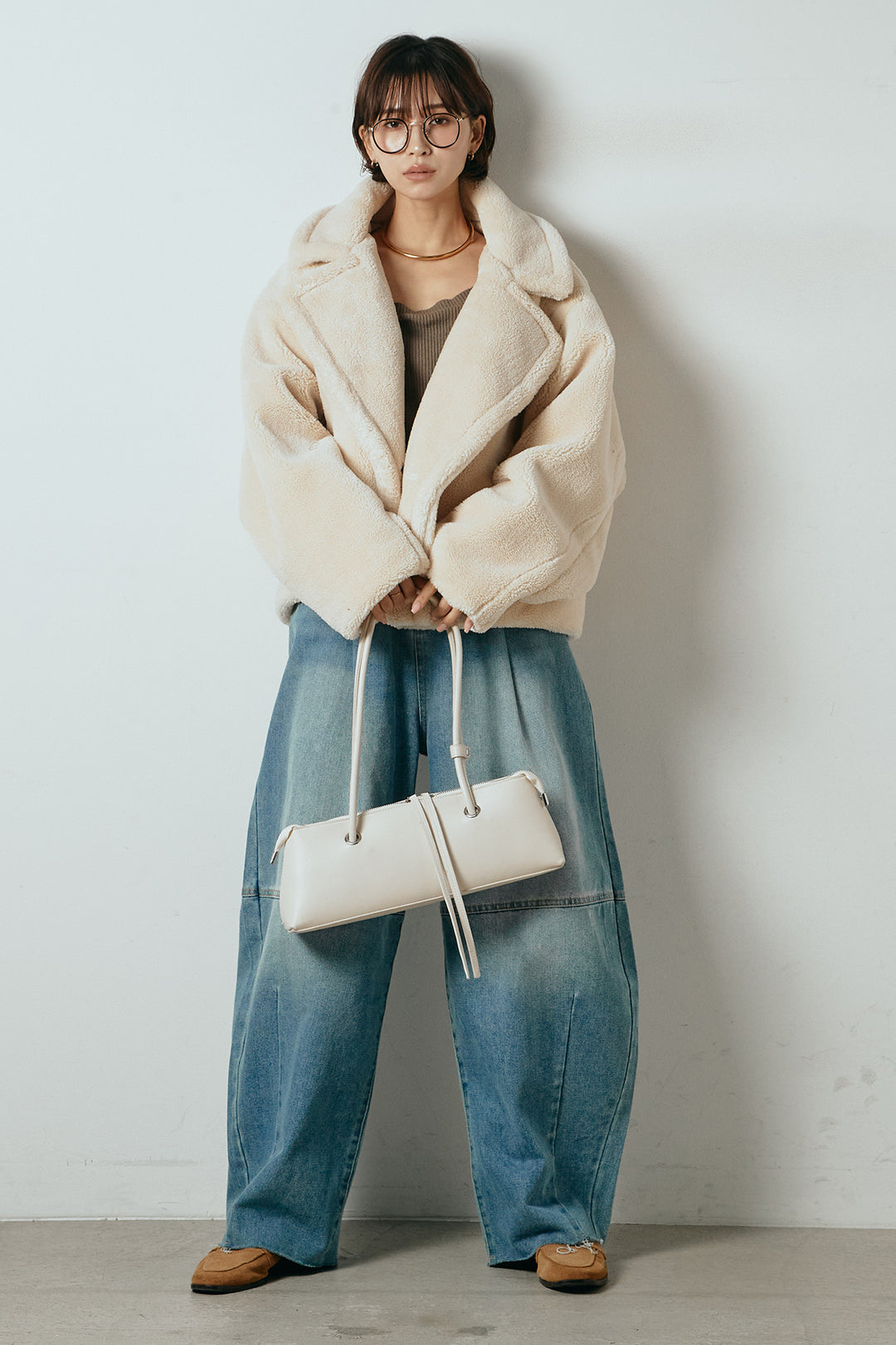 【2月中旬発送】
[SET]テディボアショートジャケット+加工デニムタックコクーンワイドパンツ(2set)