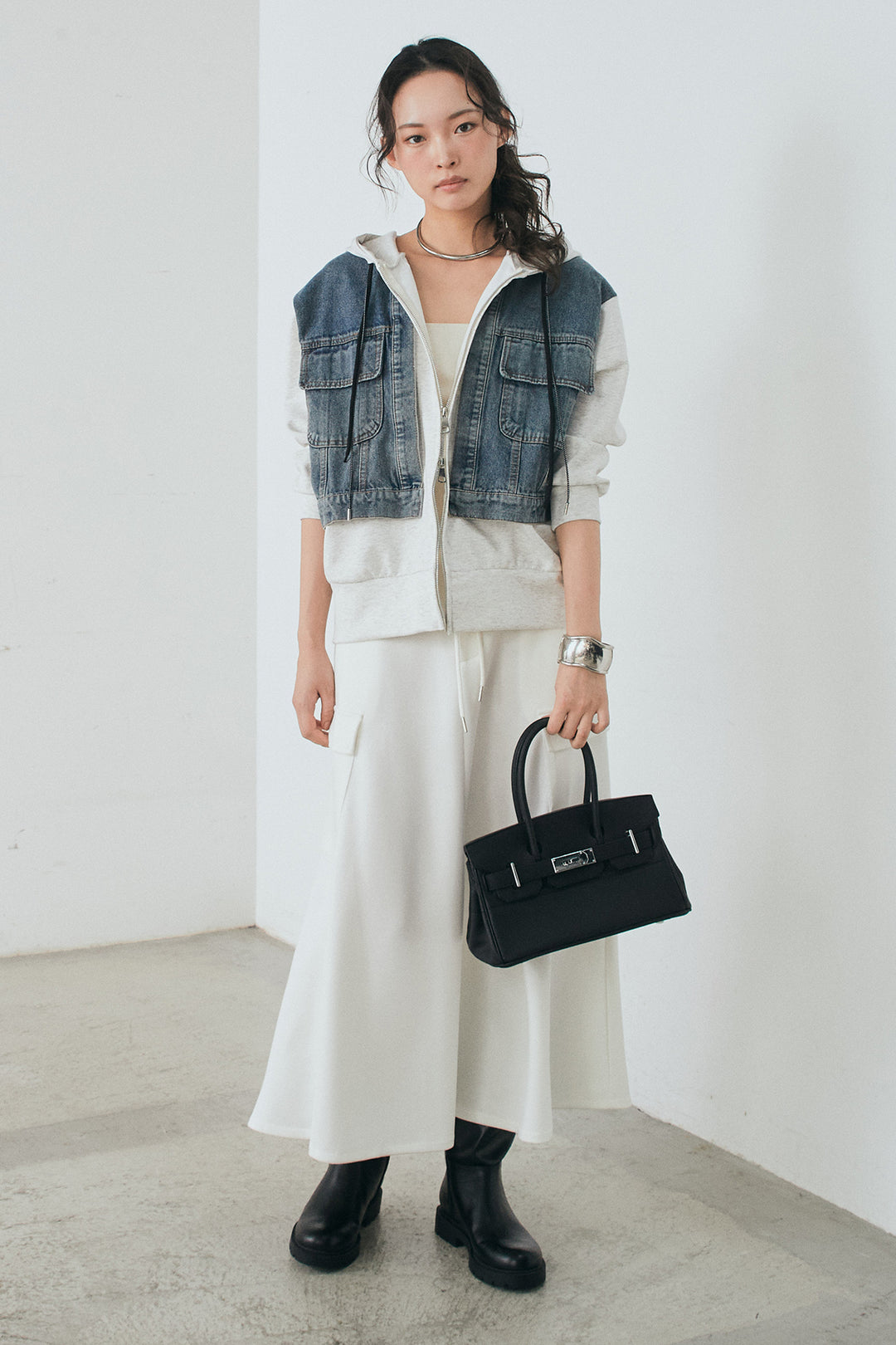 [SET]デニム切替ポンチダブルジップパーカー+リラックススウェットスカート(2set)