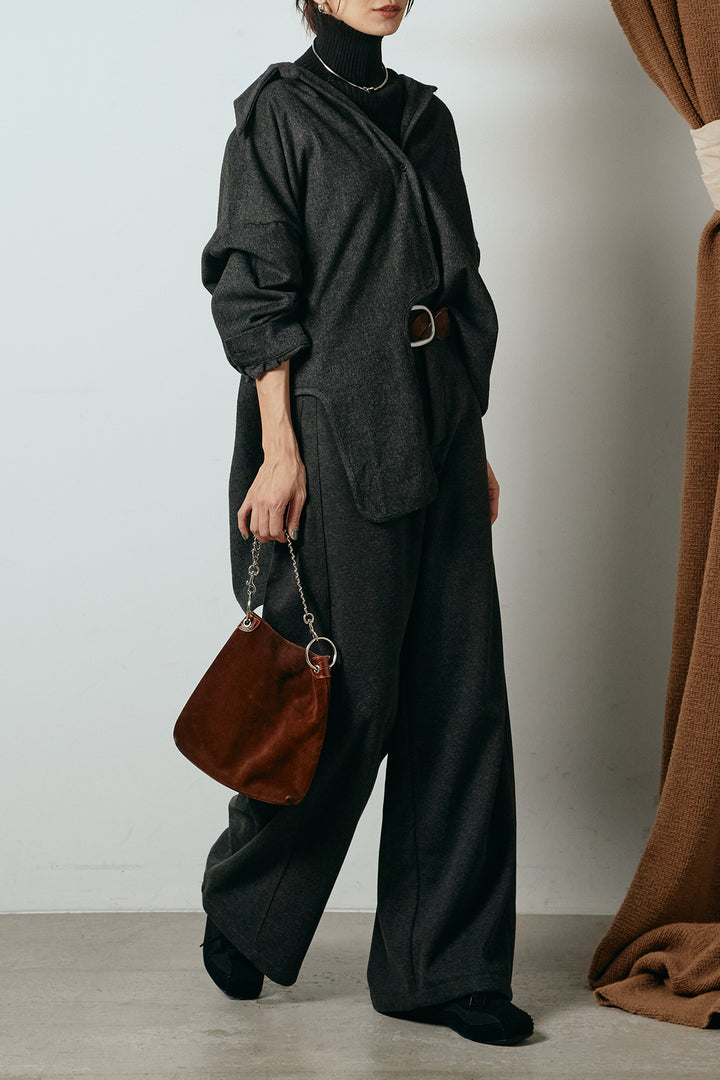 [SET]裾アシンメトリーデザインシャツ+編みベルト付きワイドパンツ+リブニットシームレスタートルプルオーバー(3set)