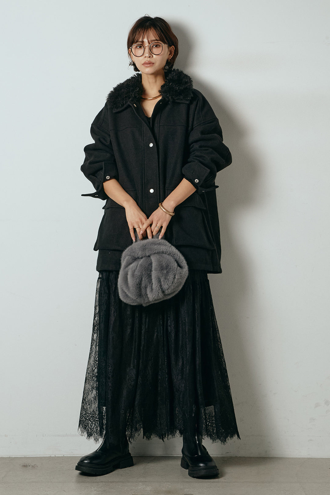 [SET]エコウール衿ファー薄中綿入りミドルカバーオール+ひげレース切替ロング丈スカート(2set)