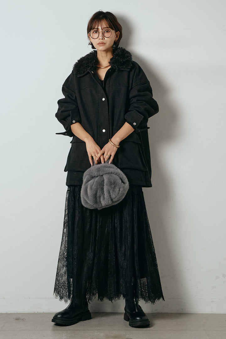 [SET]エコウール衿ファー薄中綿入りミドルカバーオール+ひげレース切替ロング丈スカート(2set)