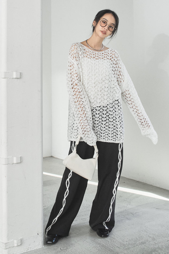 [SET]リラックスメッシュニットトップス+刺繡テープラインパンツ(2set)