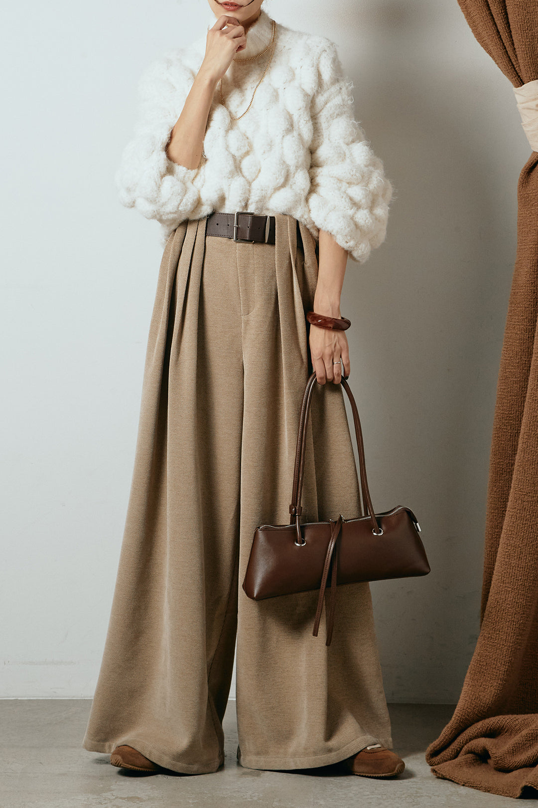 [SET]ボリュームポップコーンニットトップス+ベルトループコーデュロイワイドパンツ(2set)