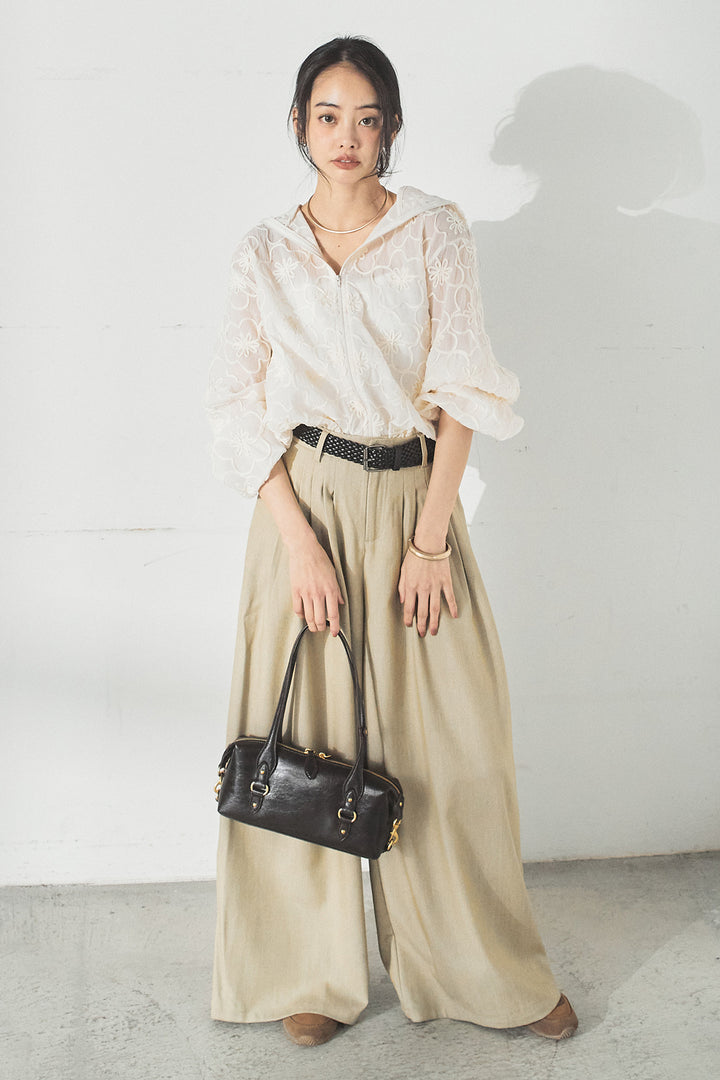 [SET]シアーフラワーフードブルゾン+編みベルト付きウエストタックワイドパンツ(2set)