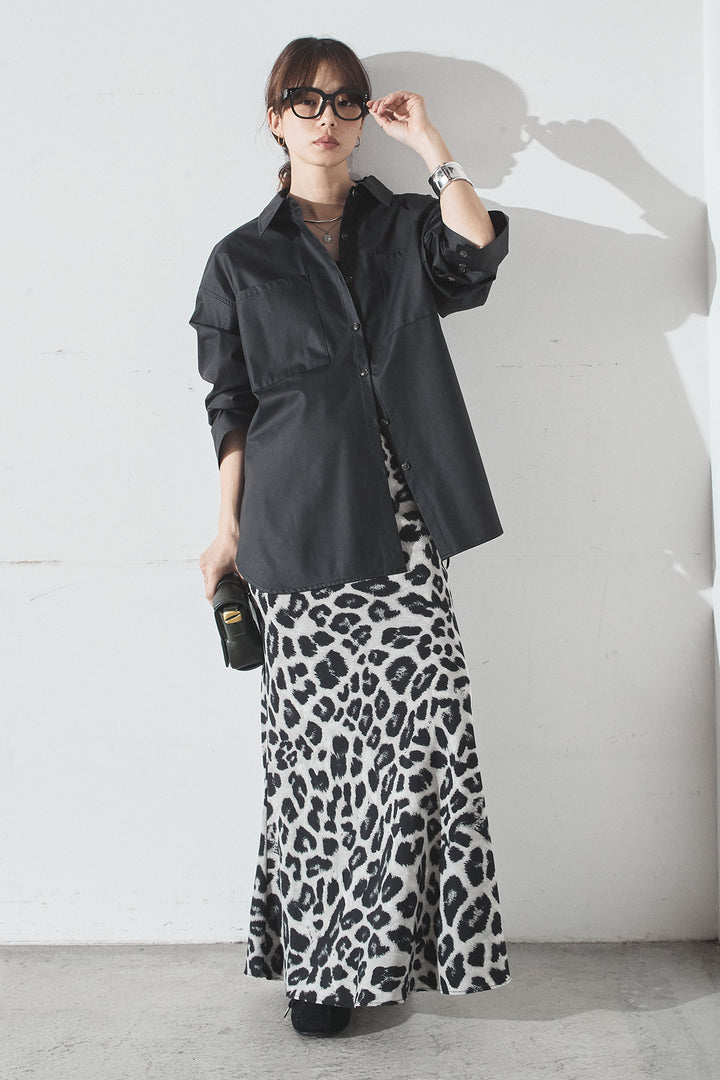 [SET]ウォッシャブルエコレザービックカフスシャツ+レオパードサテンナロースカート(2set)