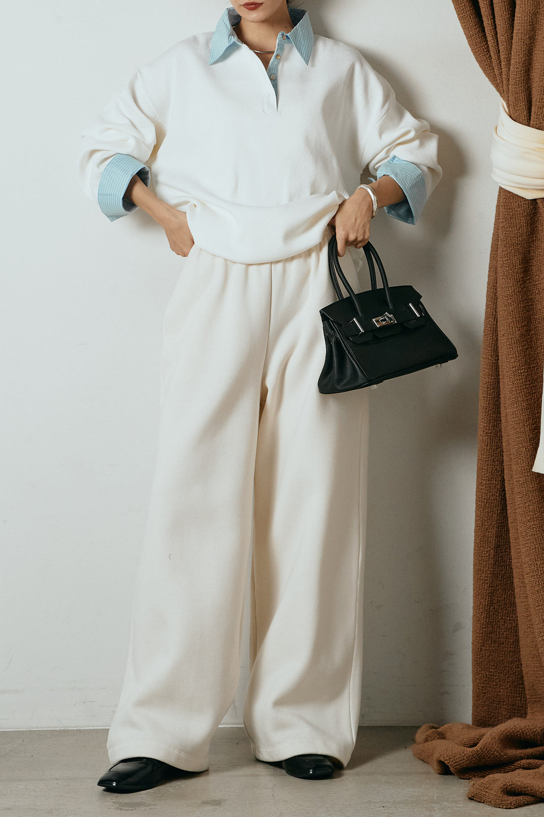 [SET]ストライプシャツドッキングポロトップス+裏起毛スウェットワイドパンツ(2set)