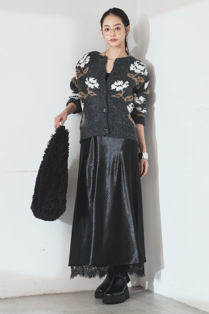 [SET]花柄ジャガードニットカーディガン+裾レースデザインサテンスカート(2set)