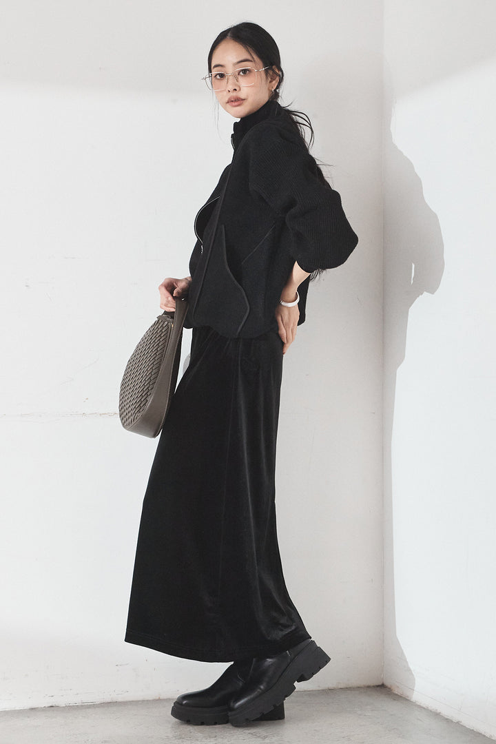 [SET]ハイネックパイピングデザインブルゾン+ベロアバレエネックワンピース(2set)