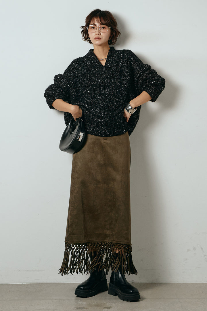 [SET]Vネックラメニットトップス+スウェードライク裾フリンジスカート(2set)