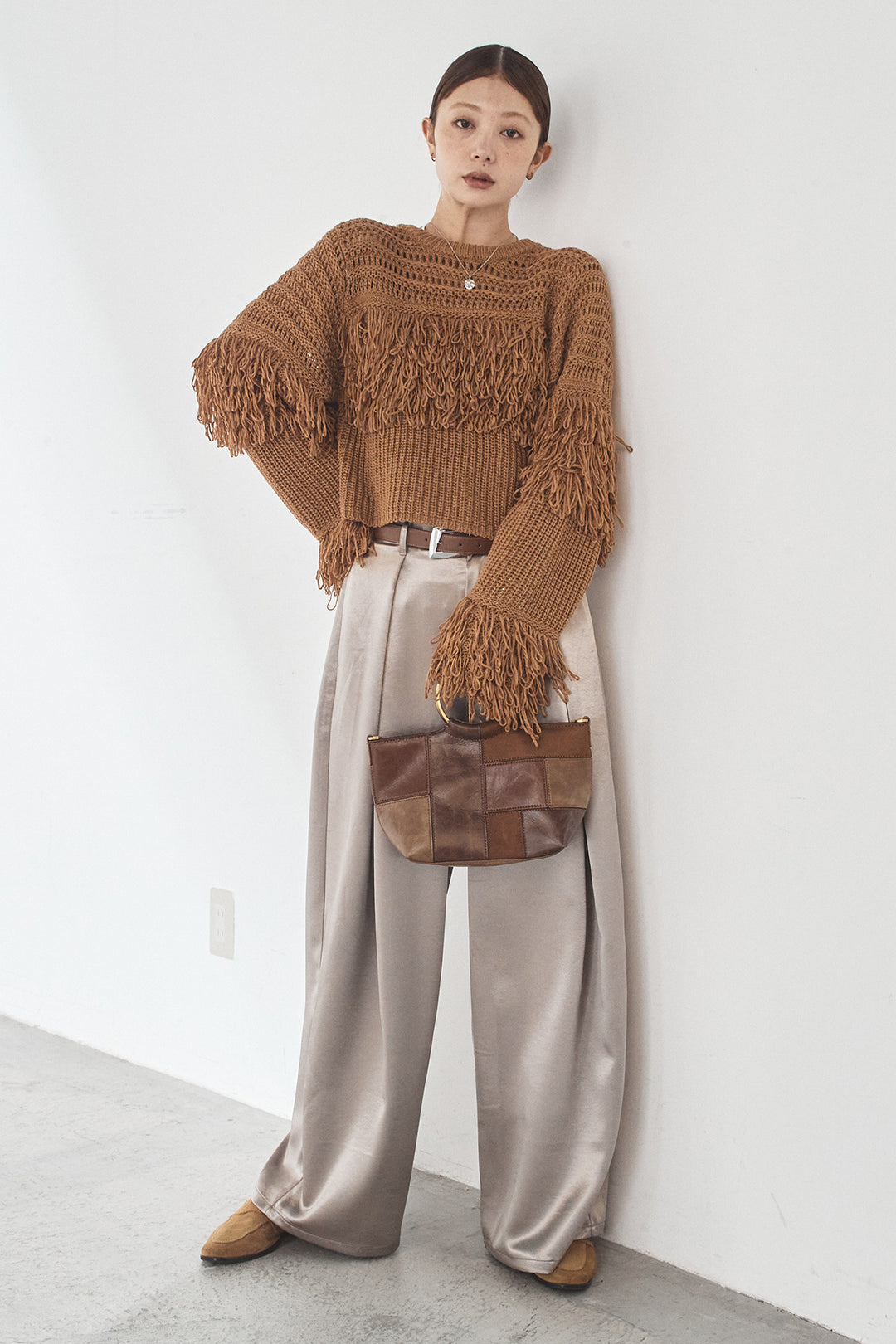 [SET]メッシュフリンジ切り替えプルオーバー+サテンタックワイドパンツ(2set)