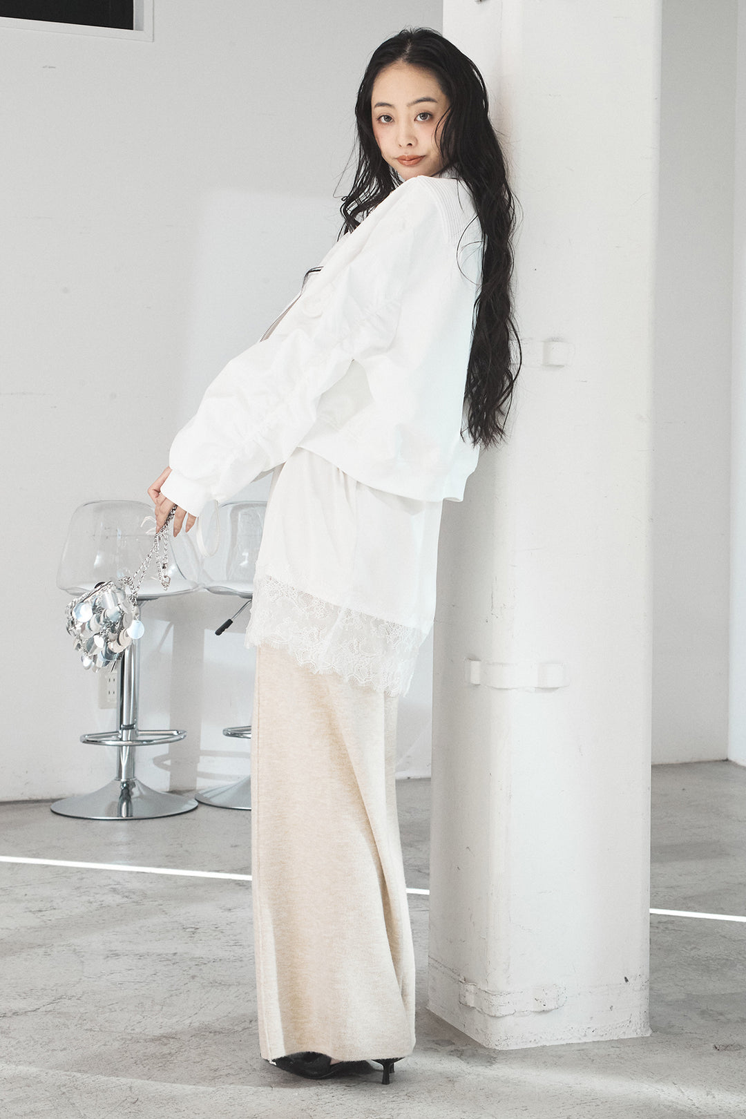 [SET]袖ギャザーデザインブルゾン+レース切り替えキャミソール(2set)