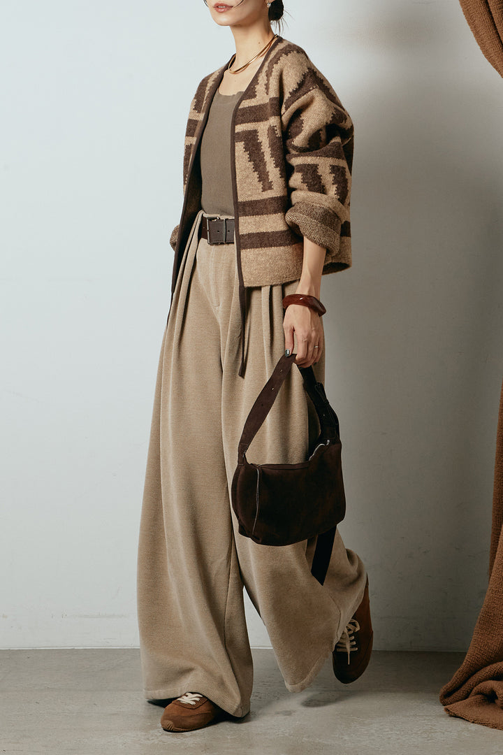 [SET]ノーカラー幾何学模様アウター+ベルトループコーデュロイワイドパンツ(2set)
