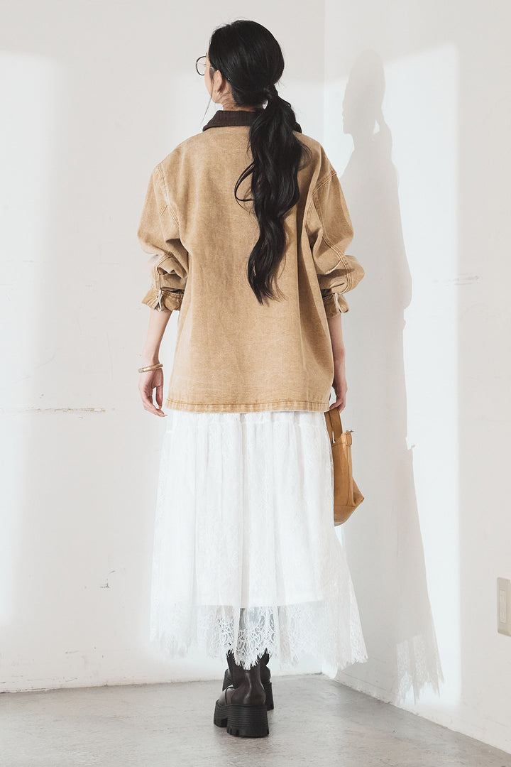 [SET]襟コーデュロイジップデニム調カバーオール+ひげレース切替ロング丈スカート(2set)