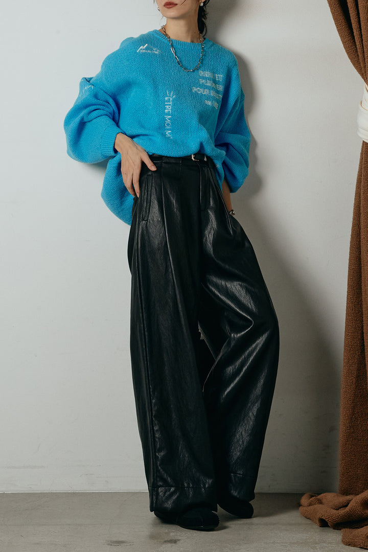 [SET]刺繍ロゴランダムデザインニットトップス+ベルト付きレザーライクタックパンツ(2set)