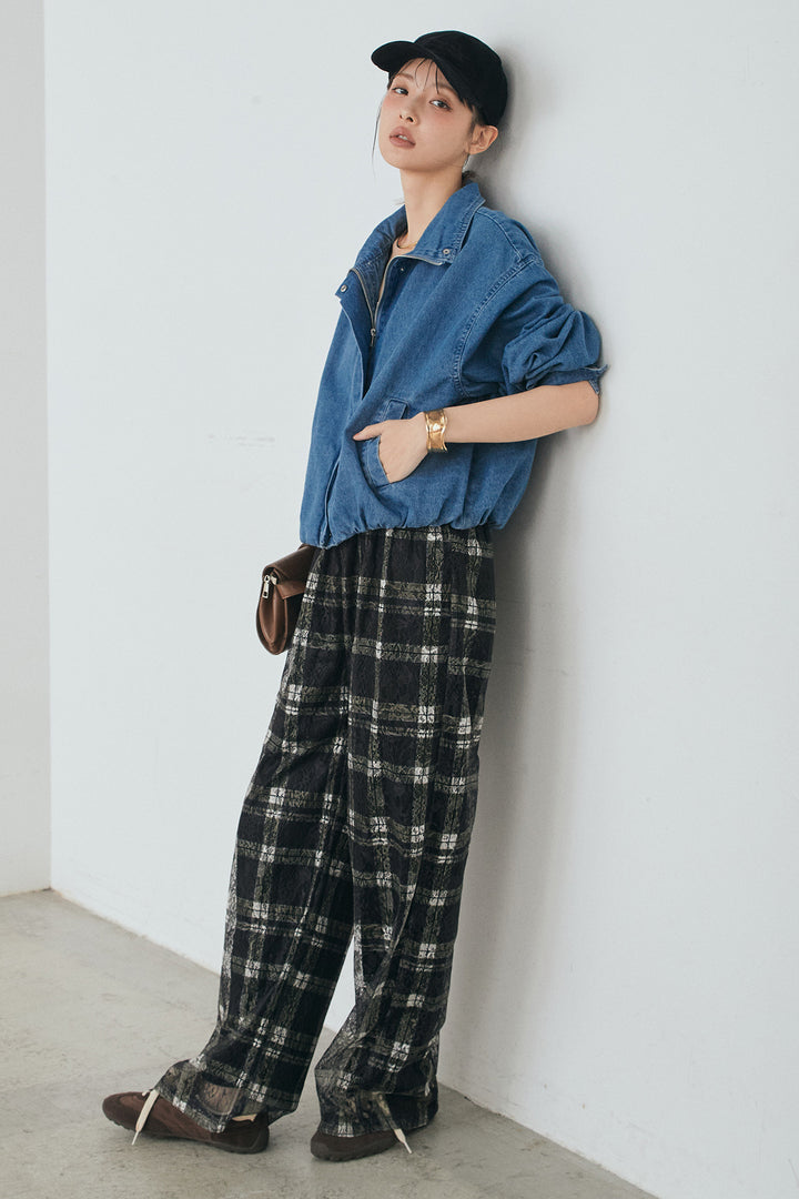 [SET]スタンドカラーデニムブルゾンジャケット+レースチェックワイドイージーパンツ(2set)