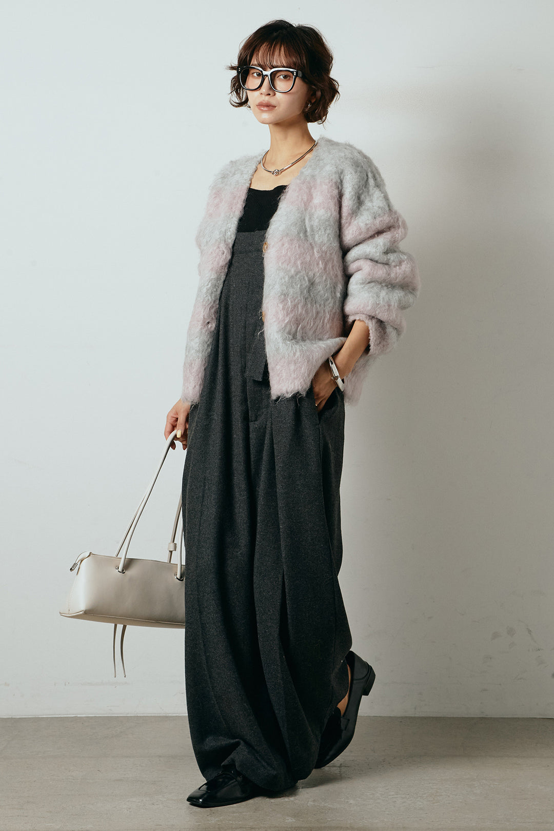 [SET]シャギーボーダー柄ニットカーディガン+ウール混フランネルワイドサロペット(2set)