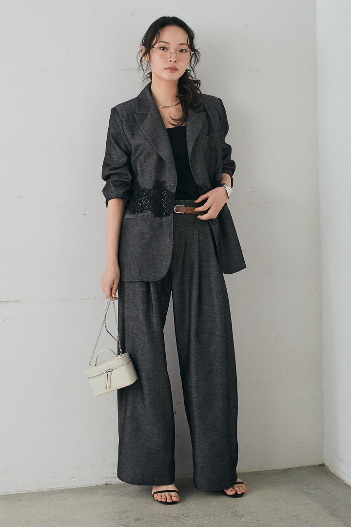 [SET]リネンタッチレースデザインジャケット+リネンタッチ細ベルト付きワイドパンツ(2set)
