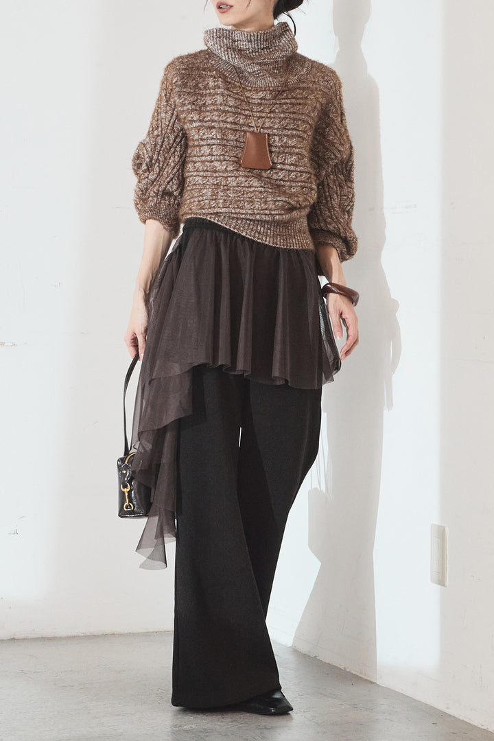 [SET]ミックス編みドルマンニットトップス+チュールレイヤードニットパンツ(2set)