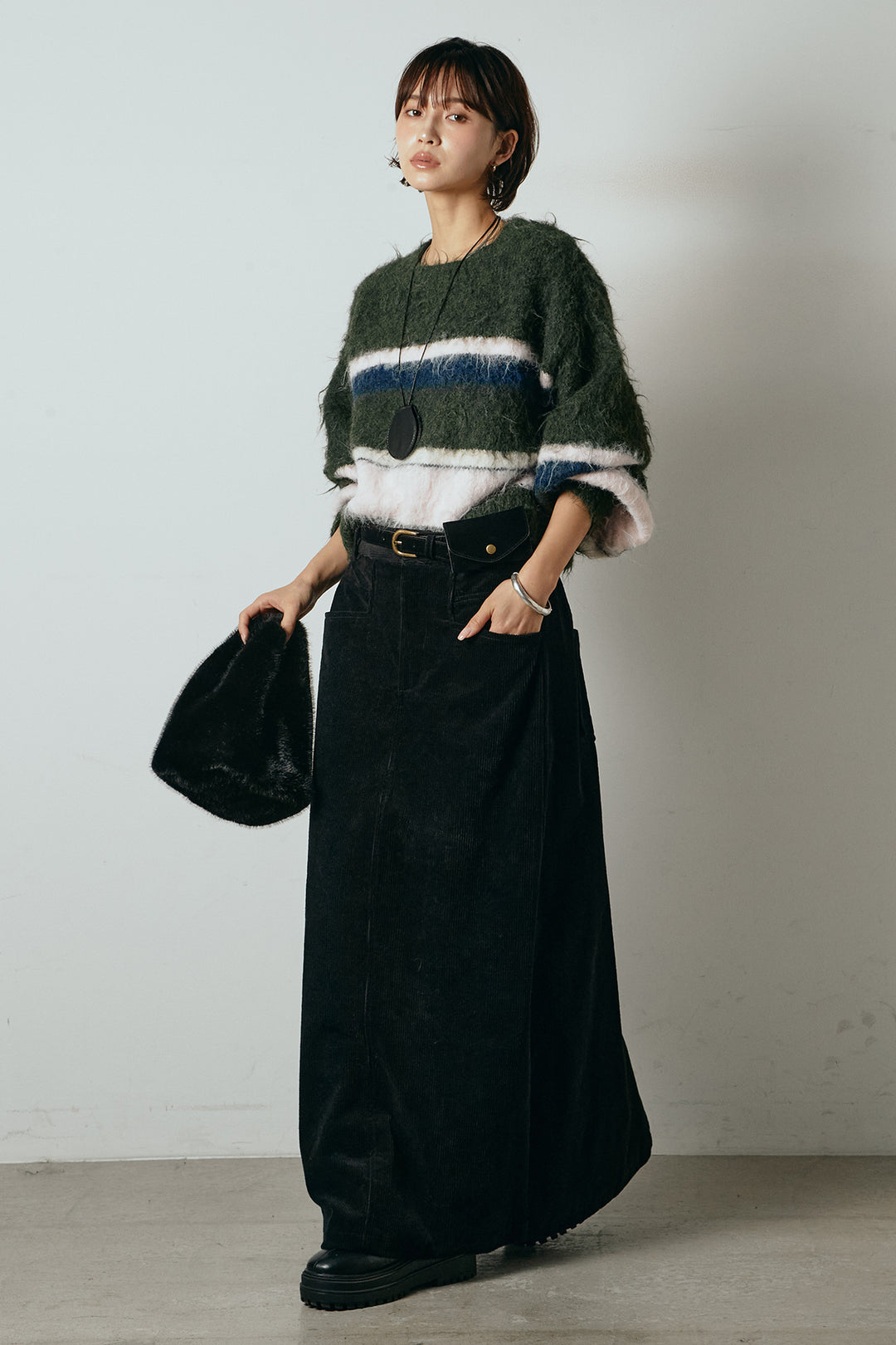 [SET]起毛配色マルチボーダーニットトップス+ポーチベルト付きコーデュロイワイドスカート(2set)