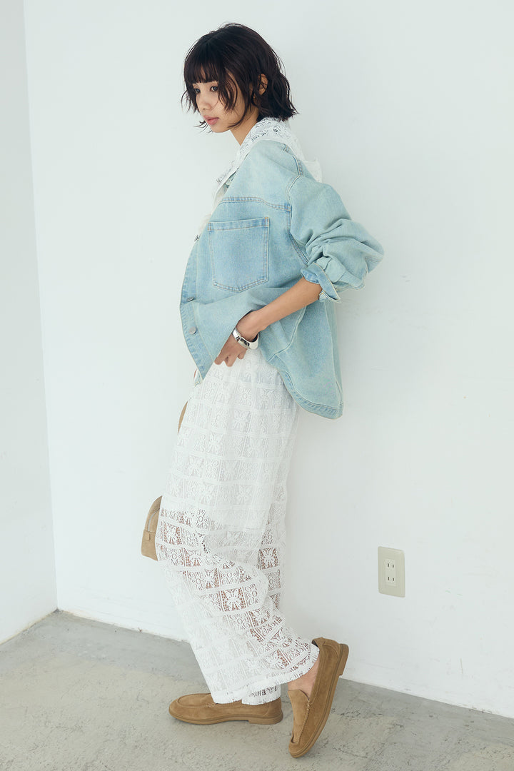 [SET]パッチワークレースショート丈フードシャツ+パッチワークレースイージーパンツ(2set)