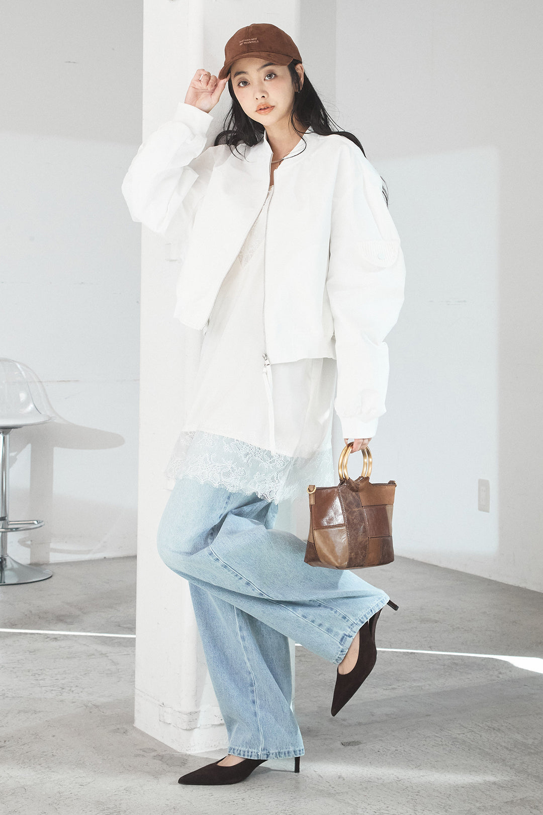 [SET]袖ギャザーデザインブルゾン+デニムアシメカーブパンツ(2set)