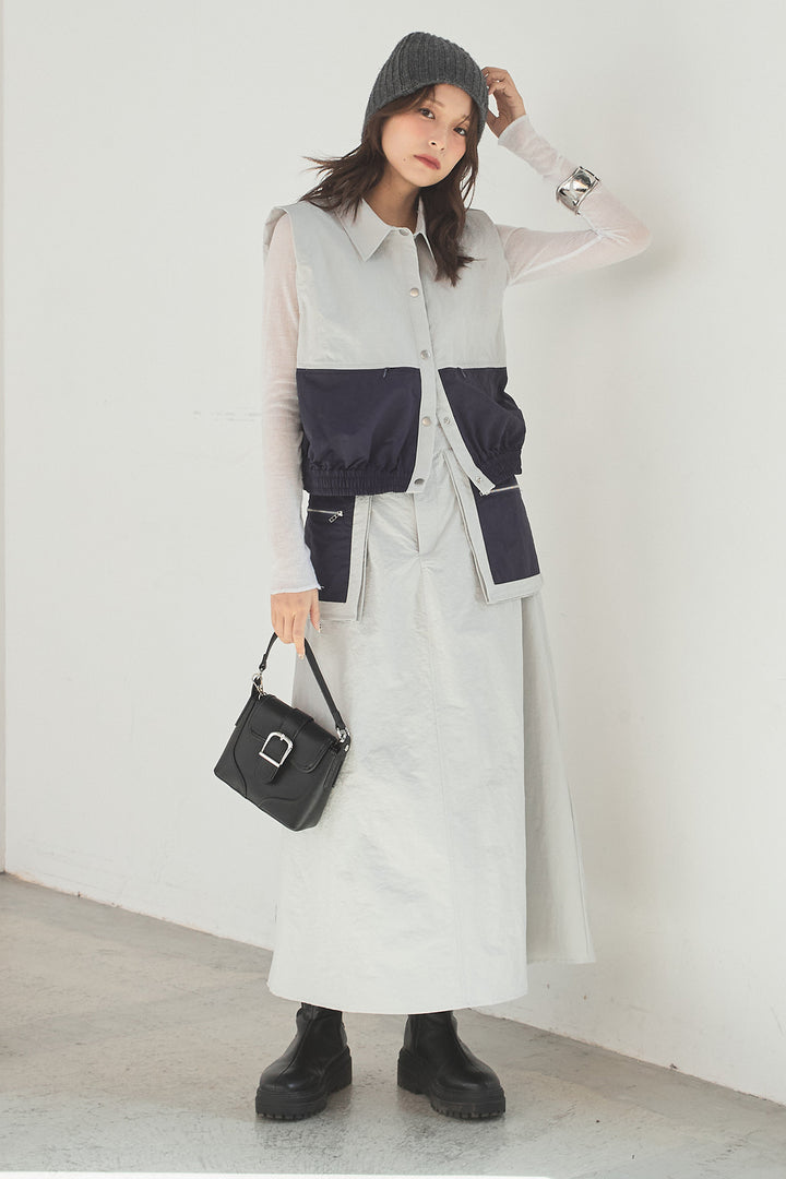 [SET]襟付きナイロンベスト+サイドデザインナイロンスカート+リブシアークルーネック長袖トップス(3set)