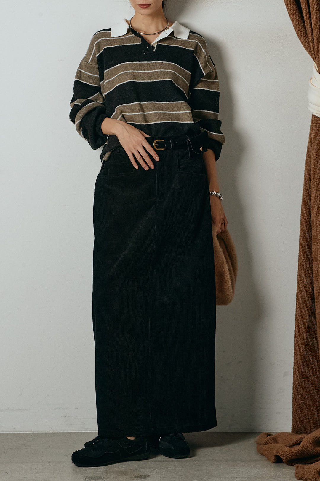 [SET]ラガーニットボーダーポロプルオーバー+ポーチベルト付きコーデュロイワイドスカート(2set)