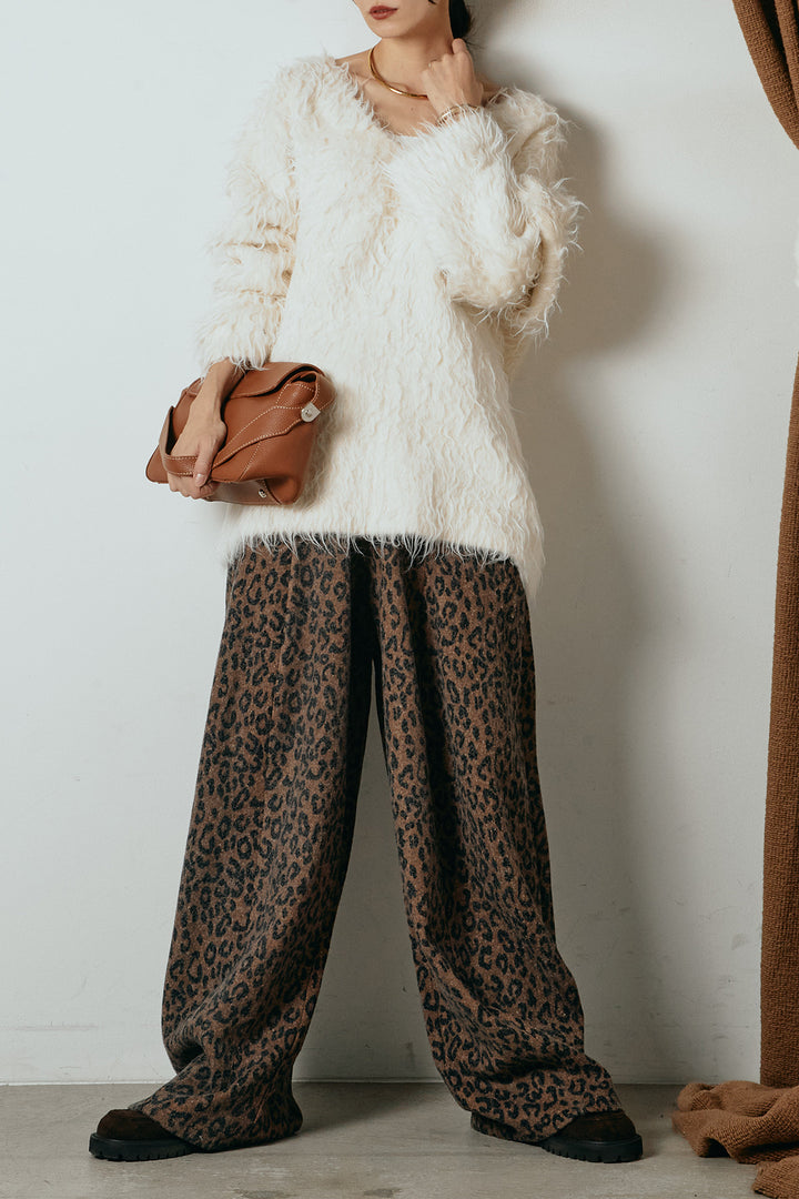 [SET]深Vネックシャギーニットトップス+リラックスレオパード柄ワイドパンツ(2set)