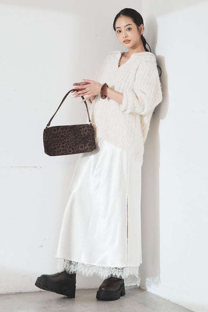 [SET]襟付きVネックニットトップス+裾レースデザインサテンスカート(2set)