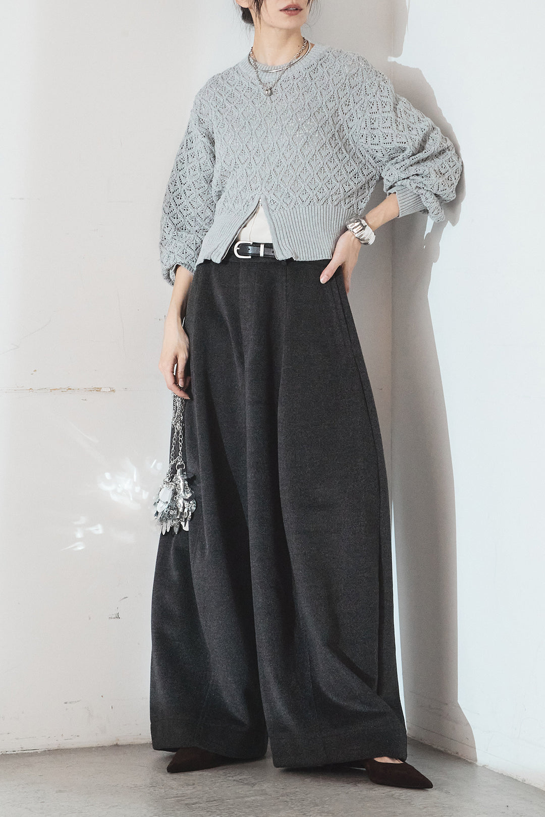 [SET]透かし編みニットジップスリットプルオーバー+ウールタッチカーブワイドパンツ(2set)