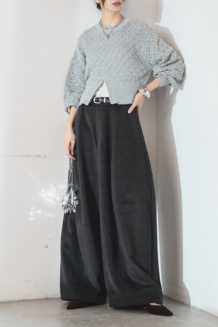 [SET]透かし編みニットジップスリットプルオーバー+ウールタッチカーブワイドパンツ(2set)