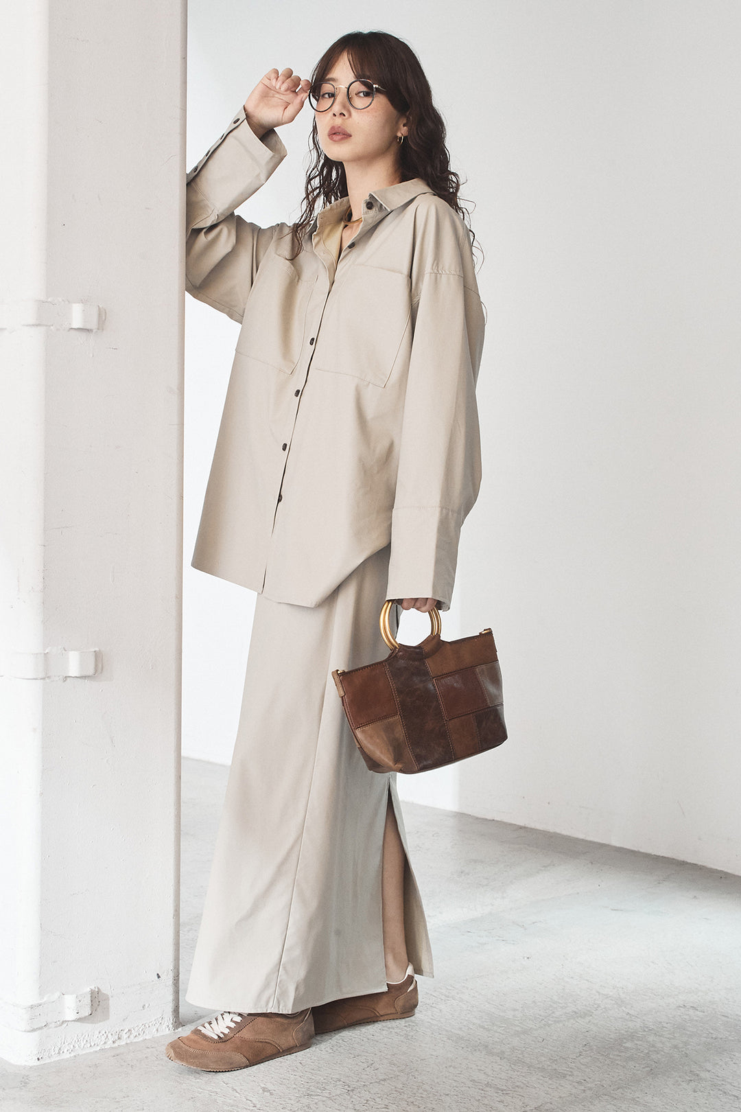 [SET]ウォッシャブルエコレザービックカフスシャツ+ウォッシャブルエコレザーナロースカート(2set)