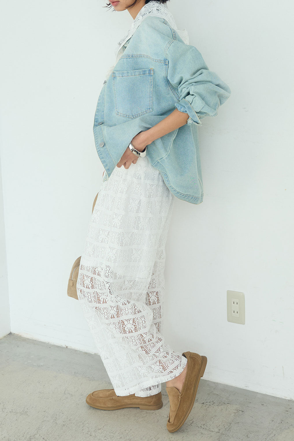 [SET]デニムオーバーサイズジャケット+パッチワークレースイージーパンツ+パッチワークレースショート丈フードシャツ(3set)