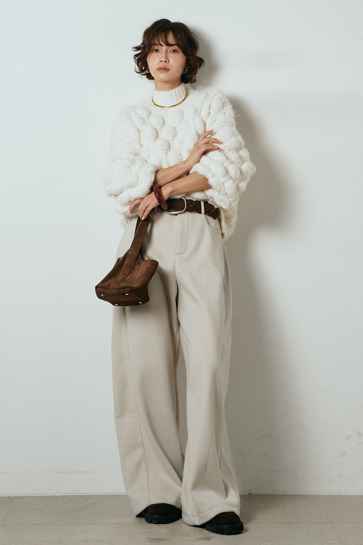 [SET]ボリュームポップコーンニットトップス+編みベルト付きワイドパンツ(2set)
