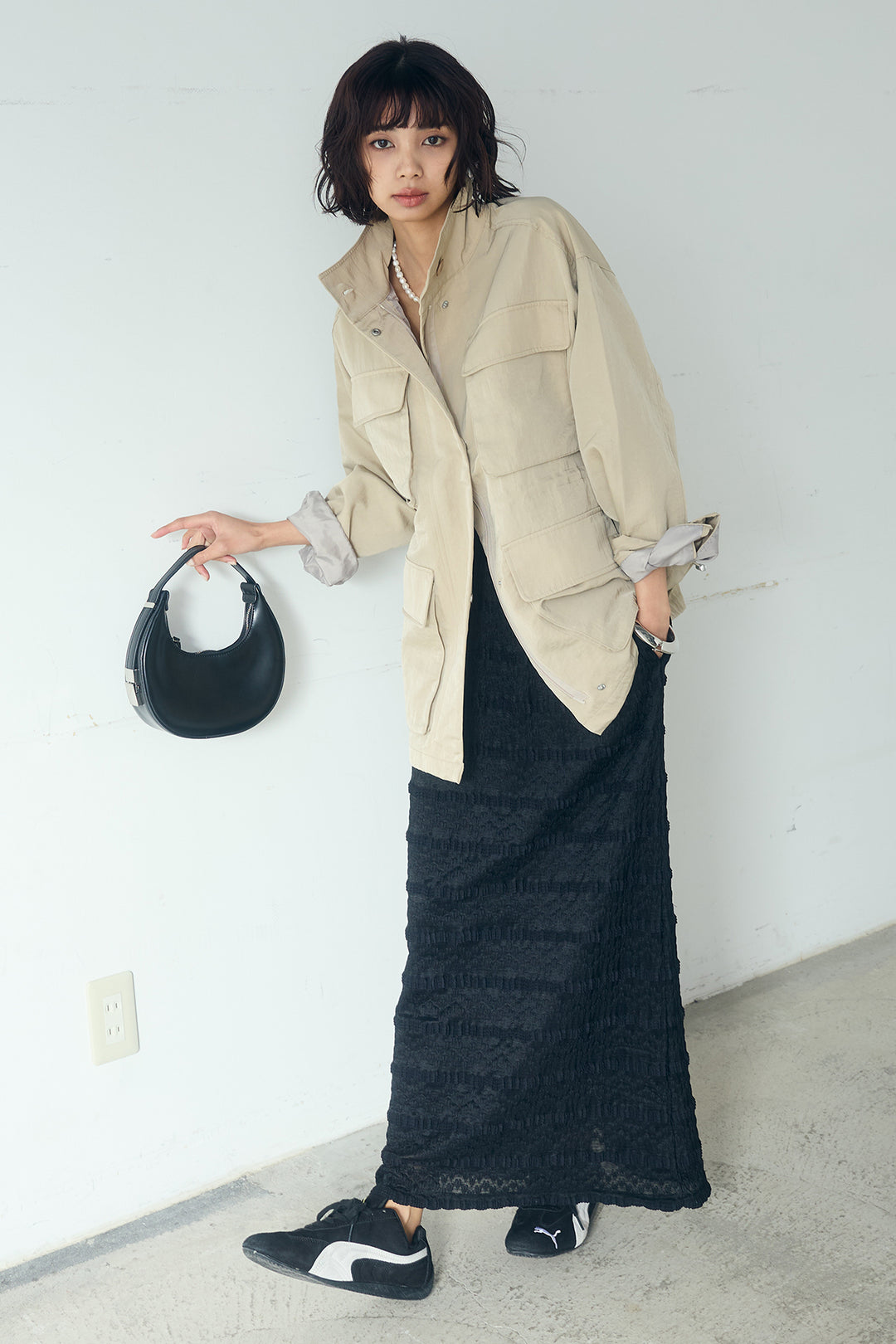 [SET]ナイロンツイルフィールドジャケット+ジャガードカットソータイトスカート(2set)